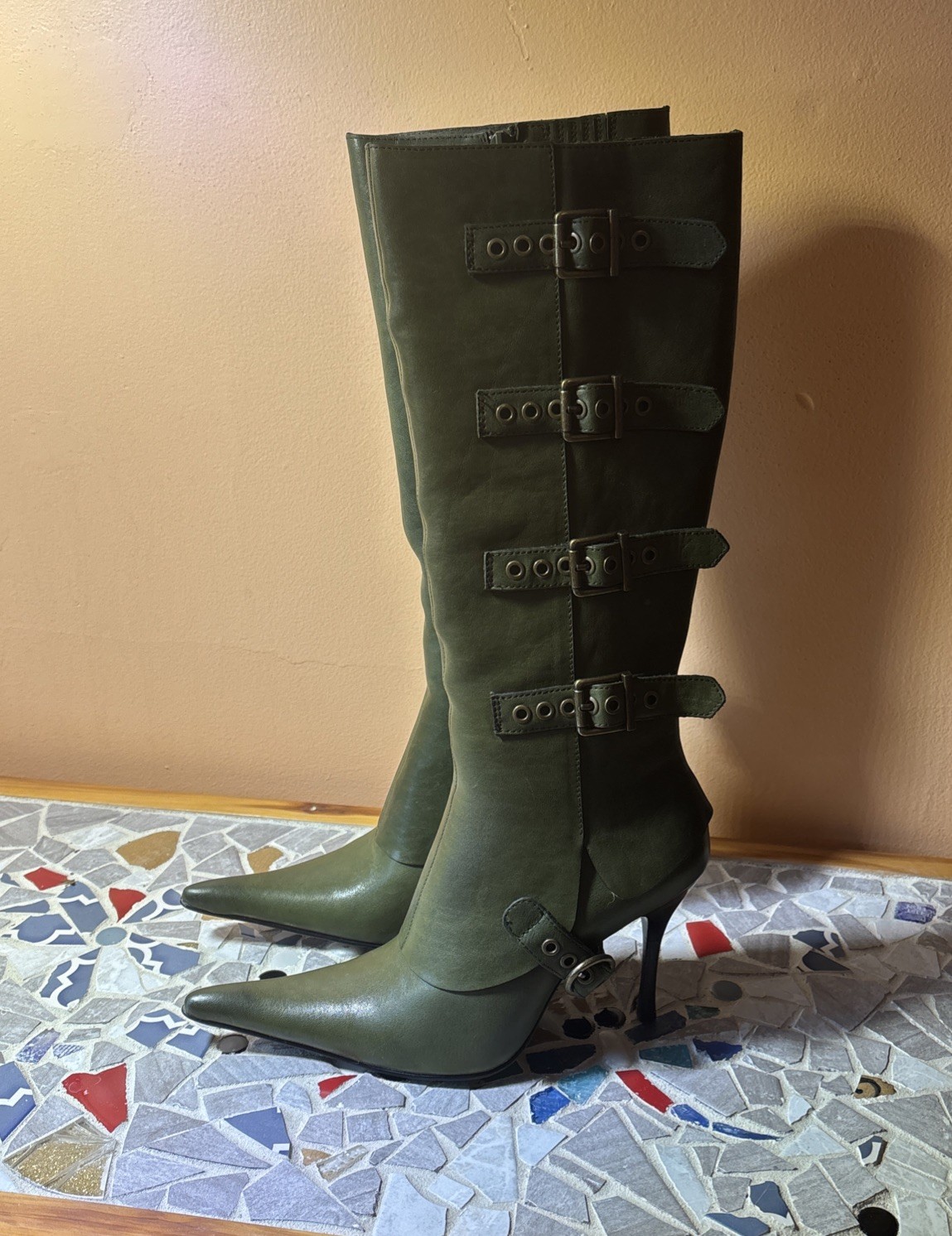 Jeffrey Campbell Corseted Olive Distressed High Heel Women Boots Size 7.5 New