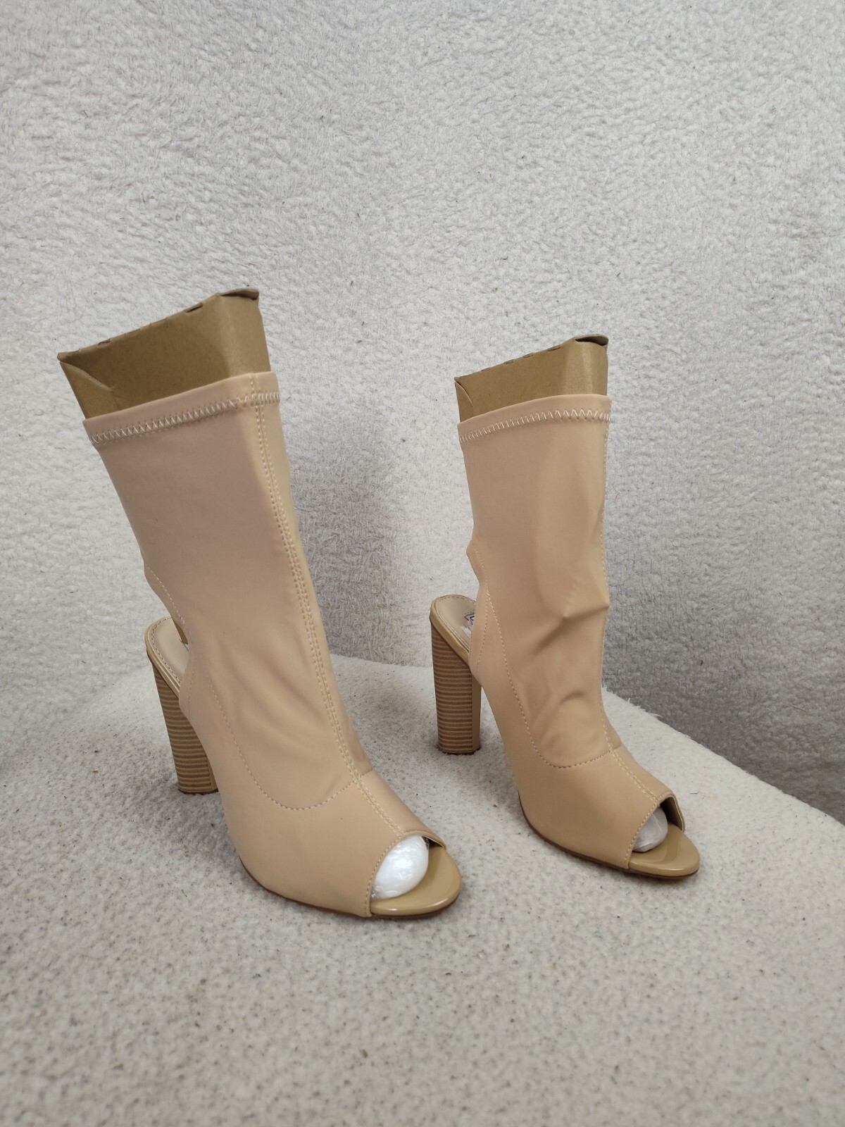 Cape Robbin Women Boots 9 Tan Fabric Peep Toe Open Back Stacked Heel Bootie