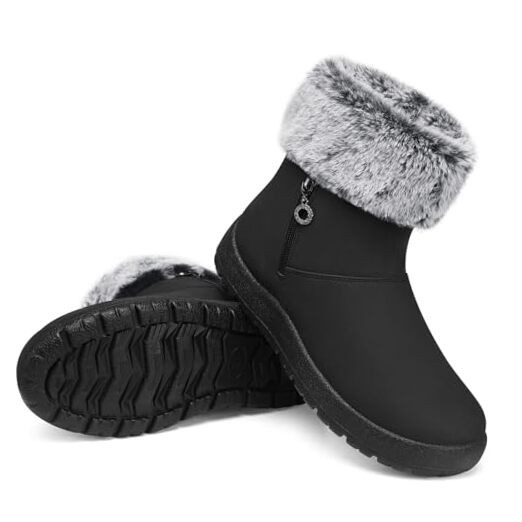 Women Winter Boots Waterproof: Fur Lined Ankle Booties, Wide Width 8.5 Black