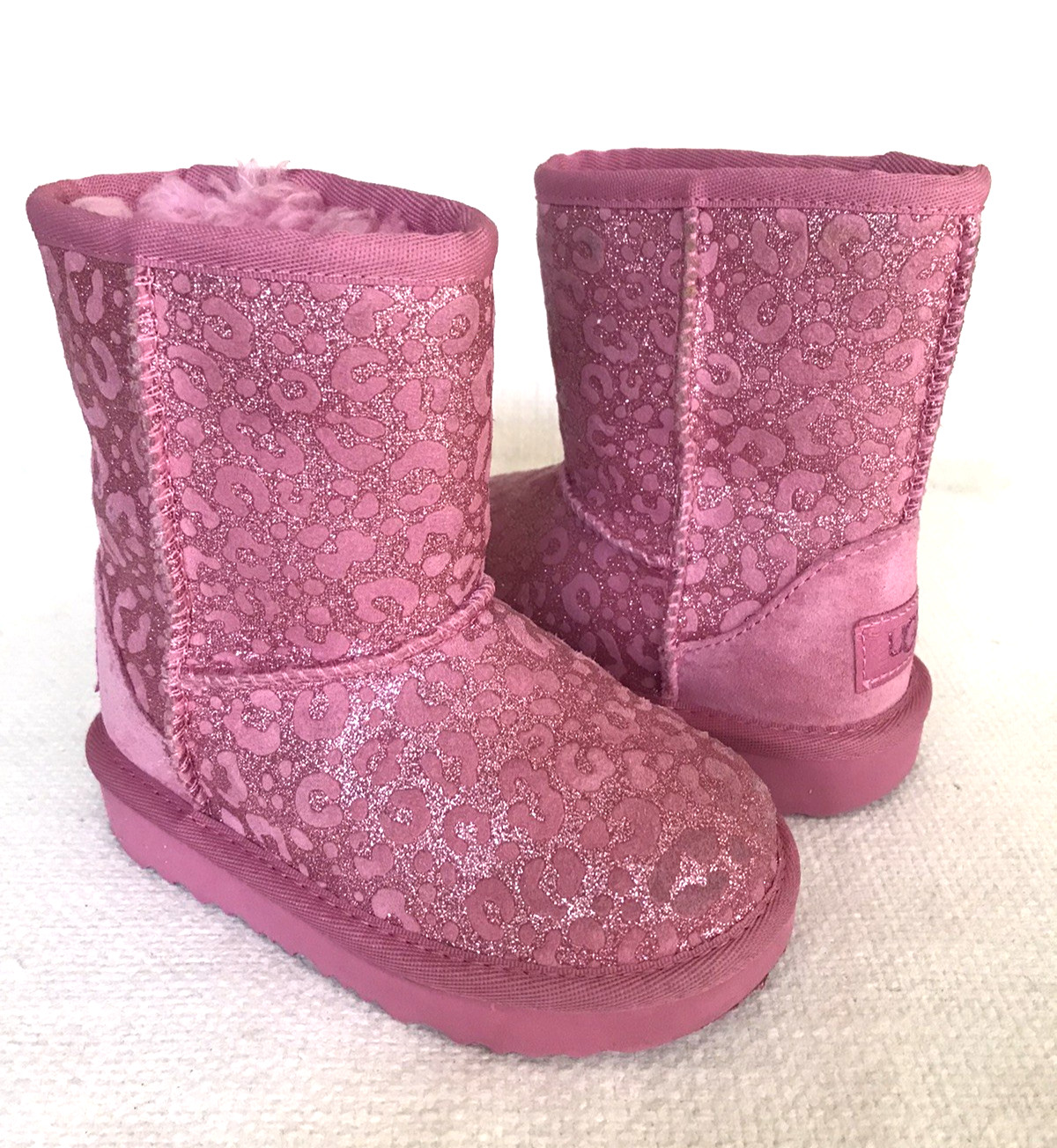 UGG Little Girls Boots Pink Leopard Cheetah Glitter Sz 8 Sherpa Lined Preppy