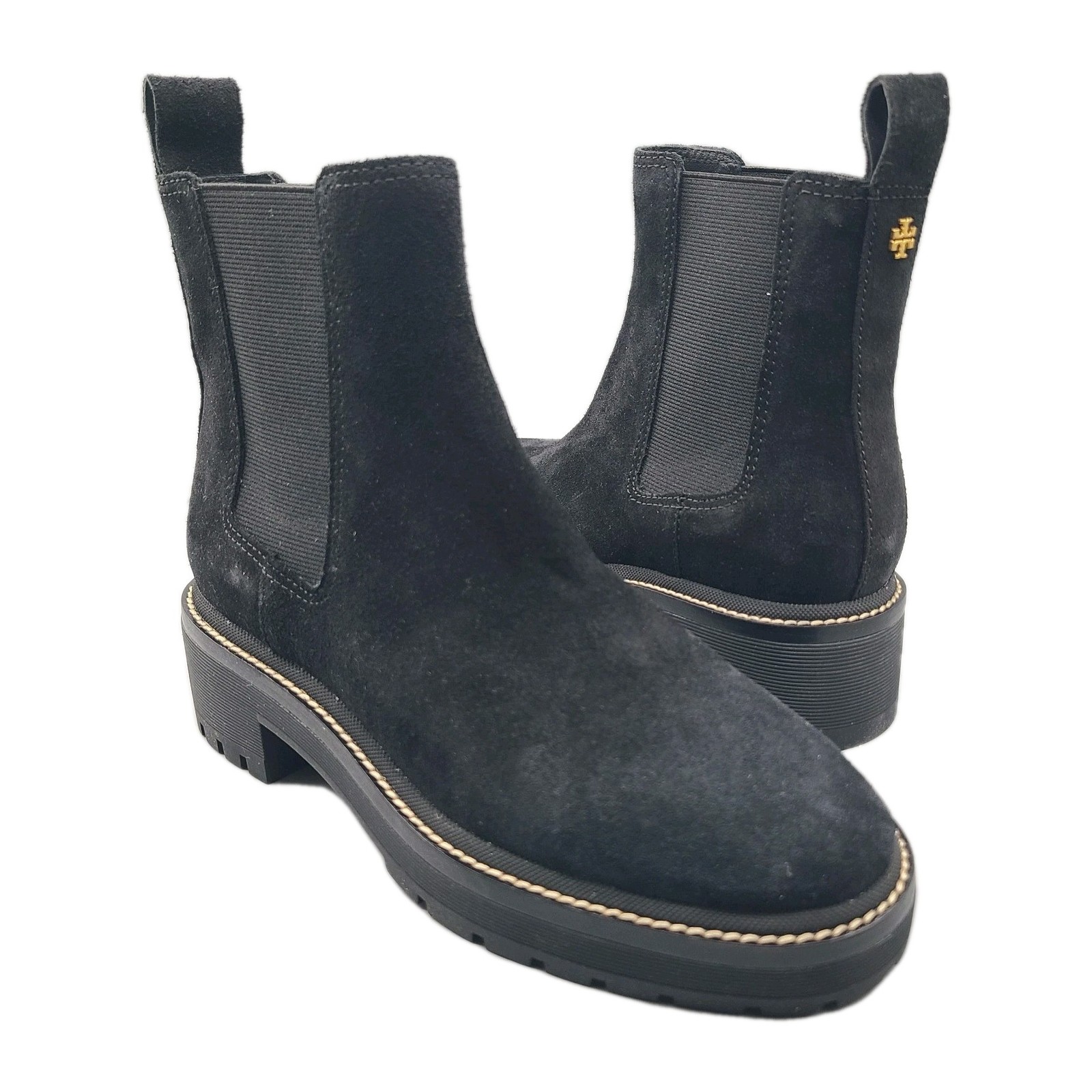 TORY BURCH Chelsea women boots black leather Suede lug sole size 6.5 New $378