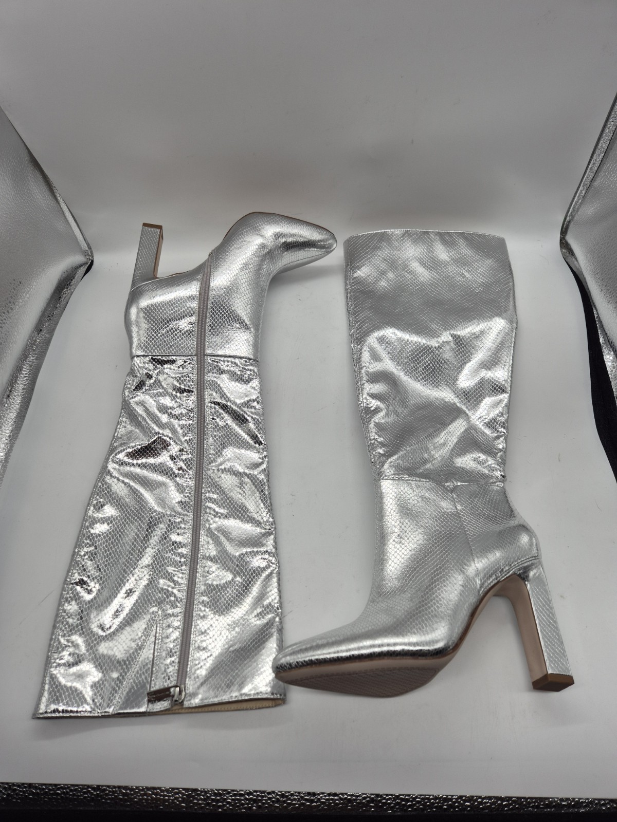 Jessica Simpson Women Boots Size 7.5 Knee High Boots Silver Block Heel Pointed