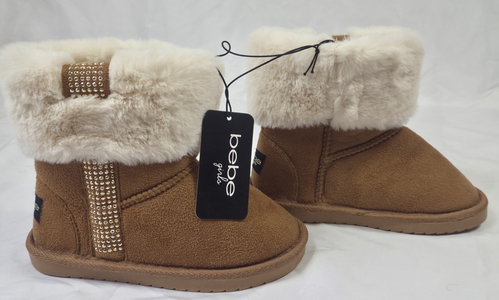 Bebe Girls Tan Winter Boots White Faux Fur Trim Rhinestones Kids Sz 13, MSRP $52