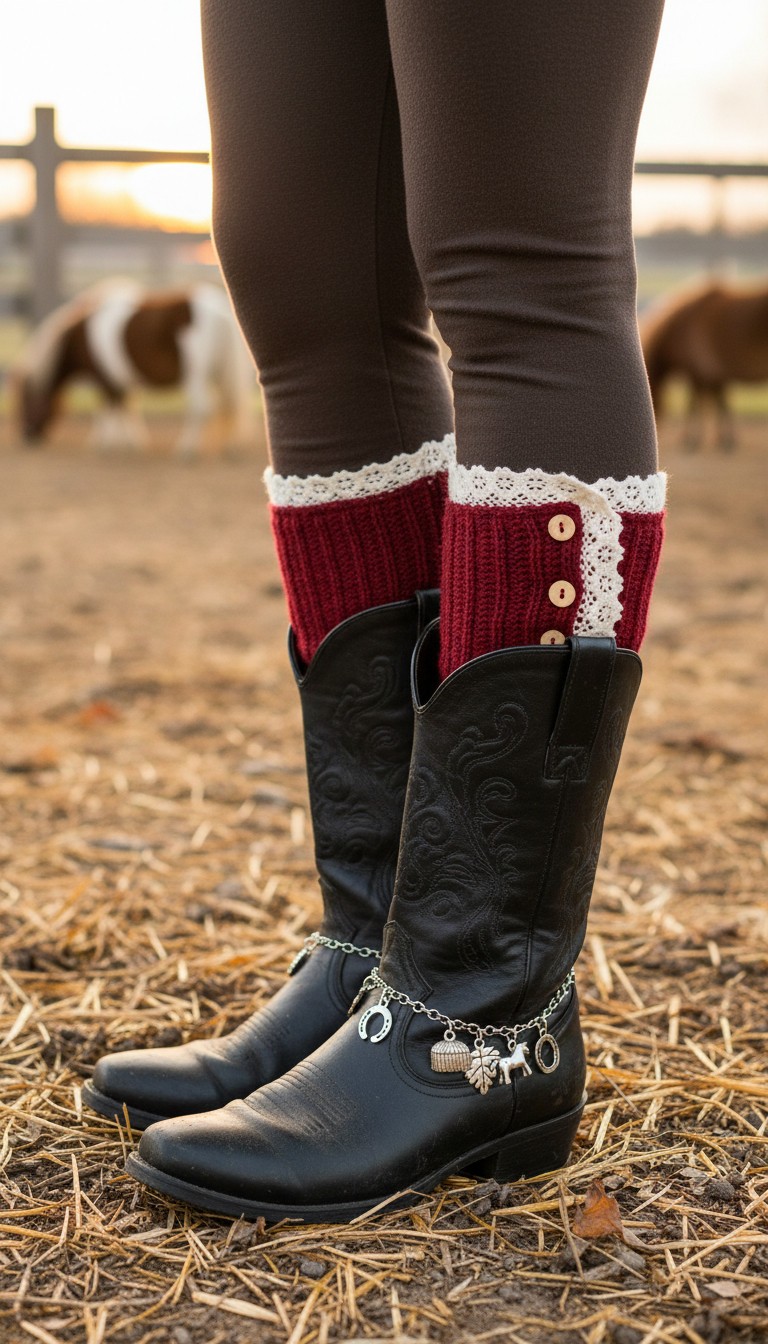 Women Boots Cover Topper Pair Red Winter Fabric Slip On White Crochet SET