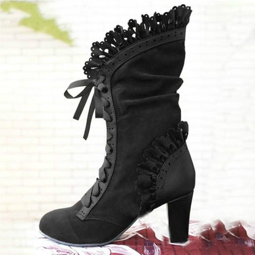 Women Steampunk High Heel Rustic Shoes Victorian Ankle Vintage Boots
