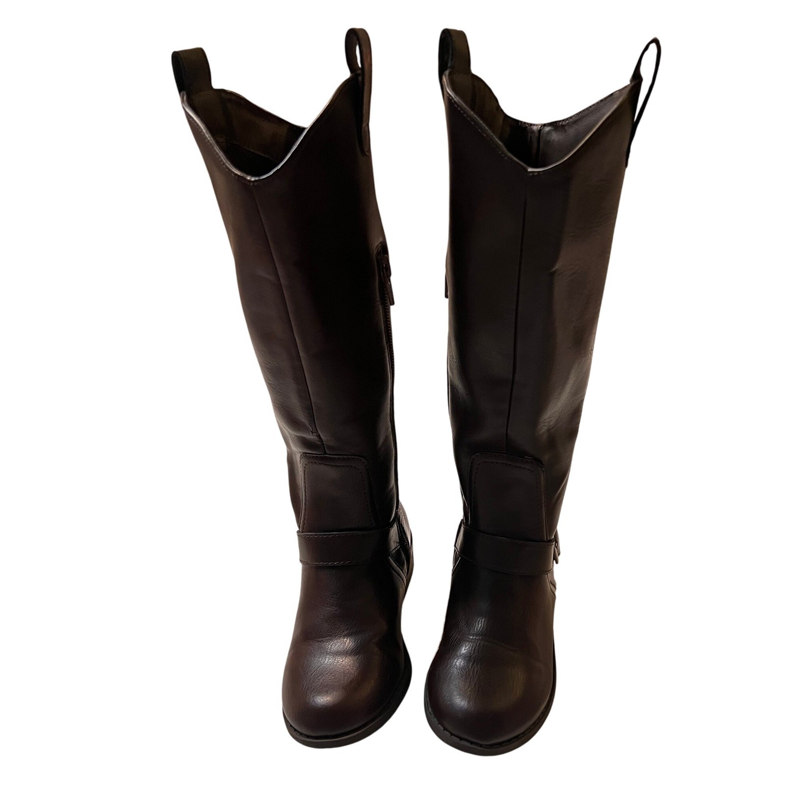 Kids Brown Knee High Riding Boots with Buckle Detail and Zipper Closure