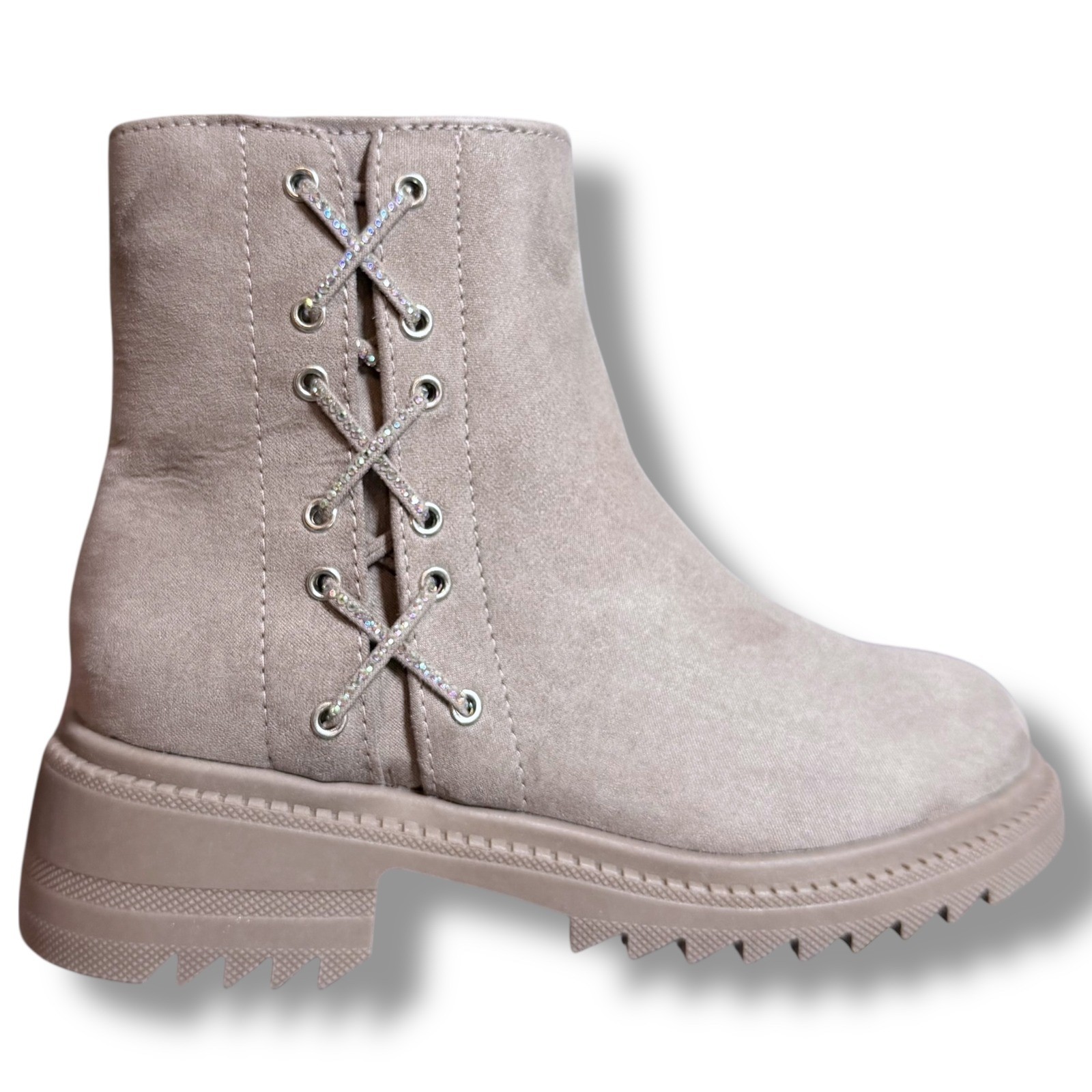 NIB Madden Girl MPAMELA Girls Boots Taupe Lace Up Ankle Boot Kid Sz 1 Rhinestone