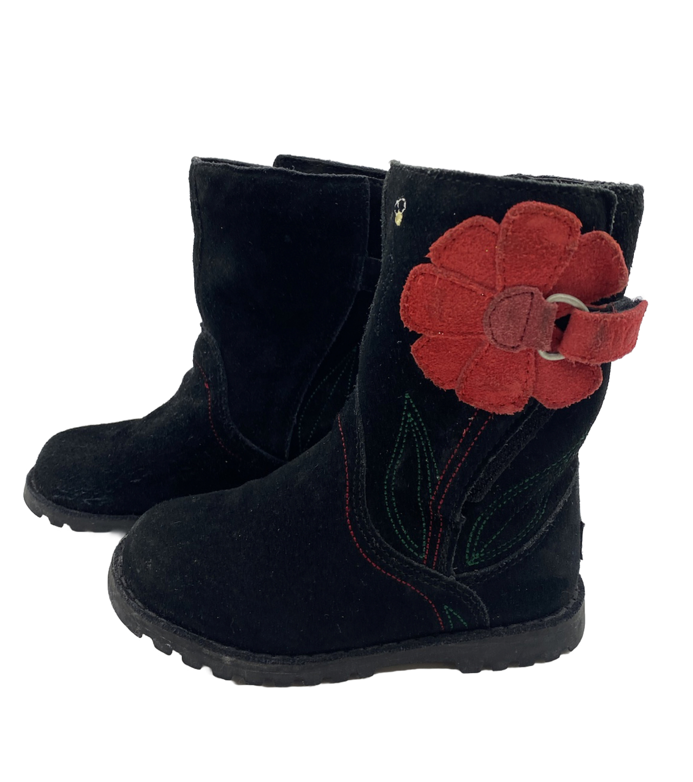 Ugg Kids Girls Boots Black And Red Flower Suede Youth Size 8 Pre-Owned Condition