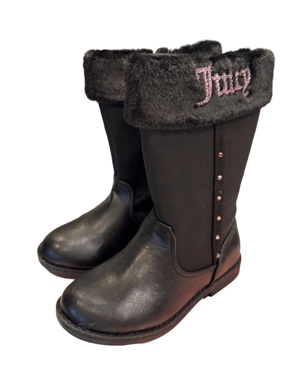 Juicy Couture Girls Winter Boots Toddler Size 10 Black Faux Fur & Rhinestone NEW