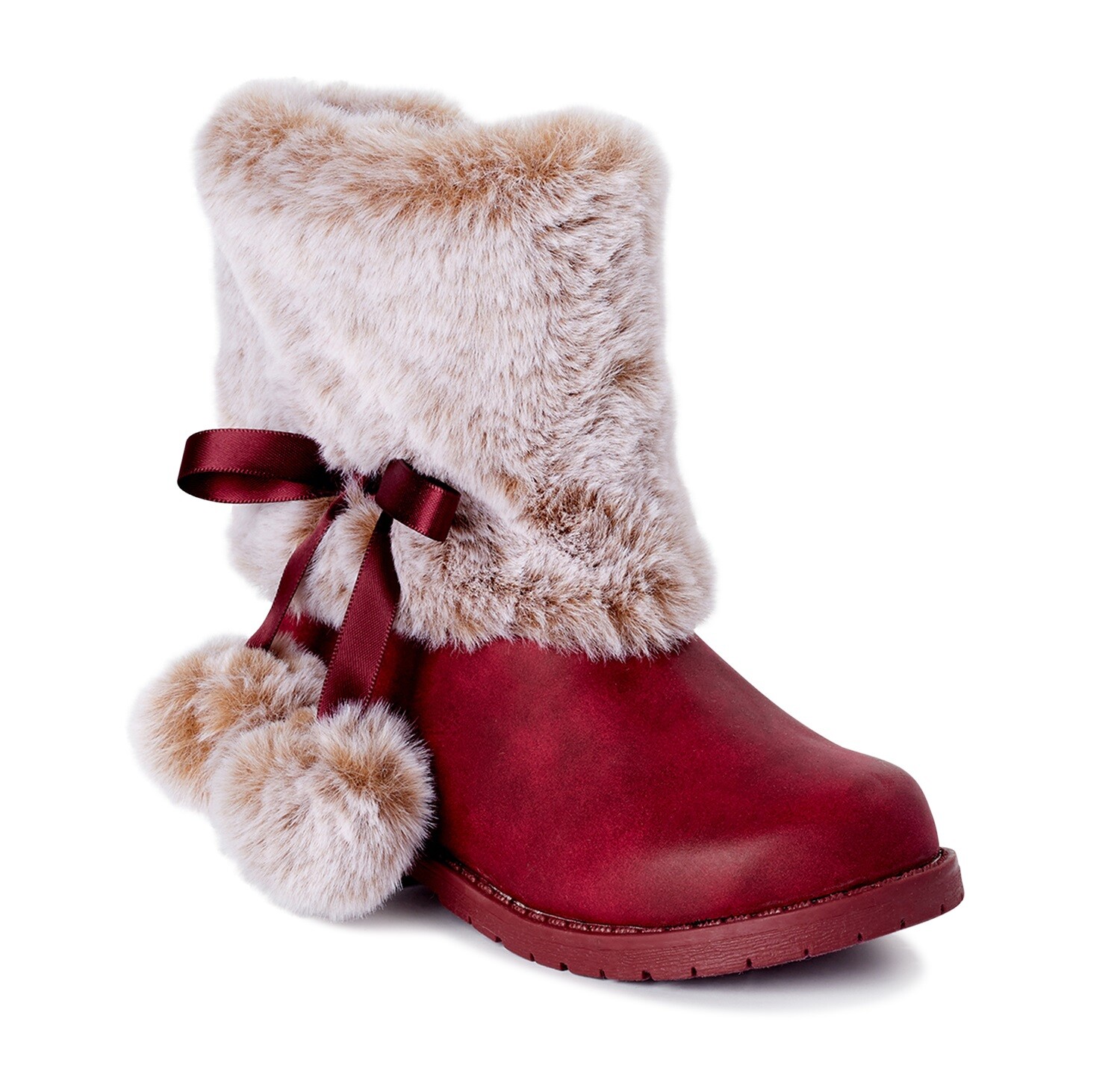 Girls Winter Boots Size 7 8 9 or 10 Faux Fur Faux Leather with Pom Poms