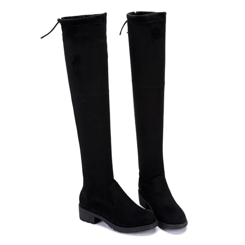 Women Boots Winter Black Over The Knee Boots Comfort Lace Up Chunky Heels Shoes