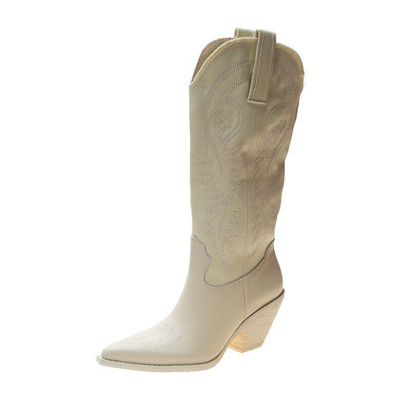 Leather Women Boots Western Cowboy Boots Women Knee-High Boots Chunky Wedges