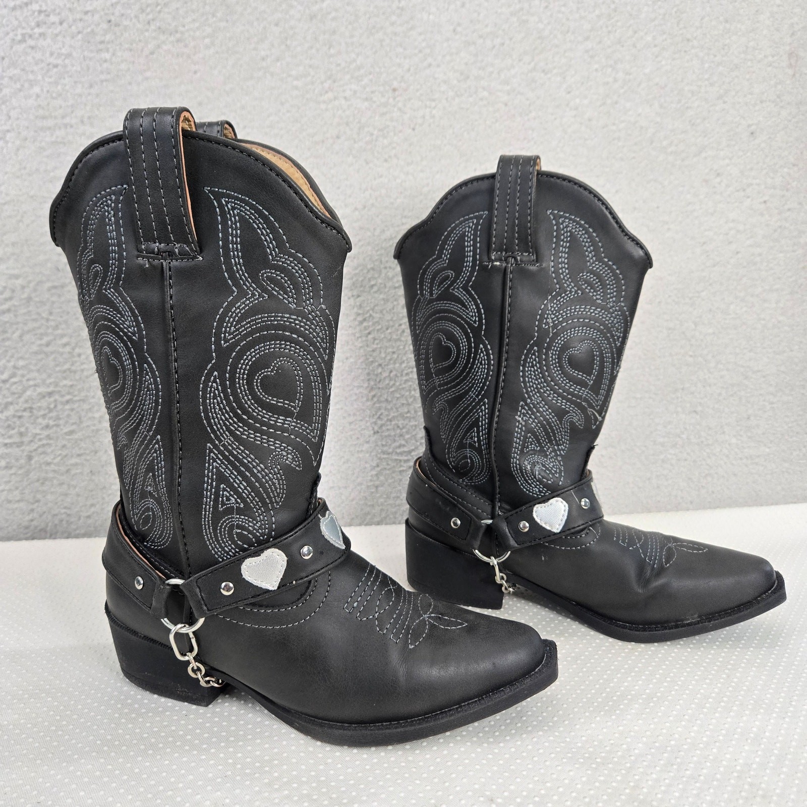 Roper Little Girls Boots 13 Black Faux Leather Harness Hearts Western Snip Toe