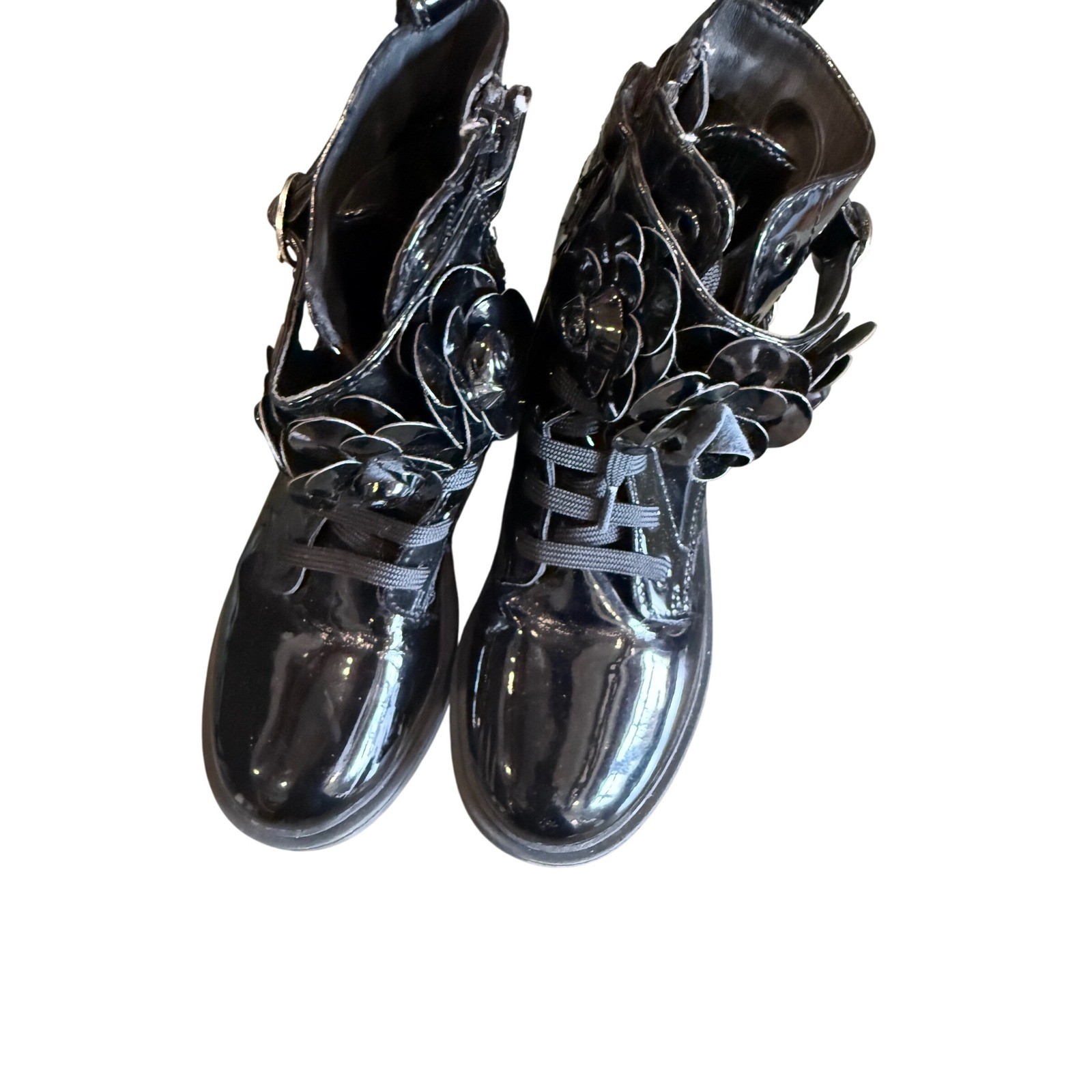 Black Patent Leather Flower Embellished Lace Up Ankle Boots