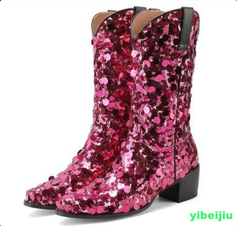 Women’s Sequins Shinning Dance Ankle Boots Mid Calf Shoes Heel Fashion Plus Size