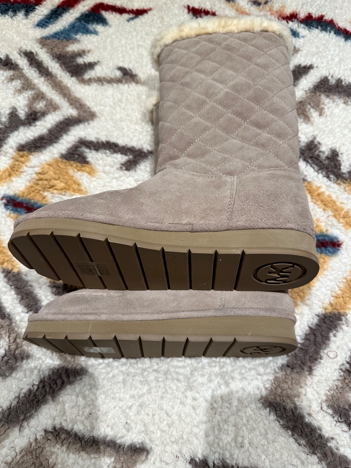 Michael Kors Sandy Quilted Tall Suede Khaki Tan Fur Sherpa Women Boots Size 8