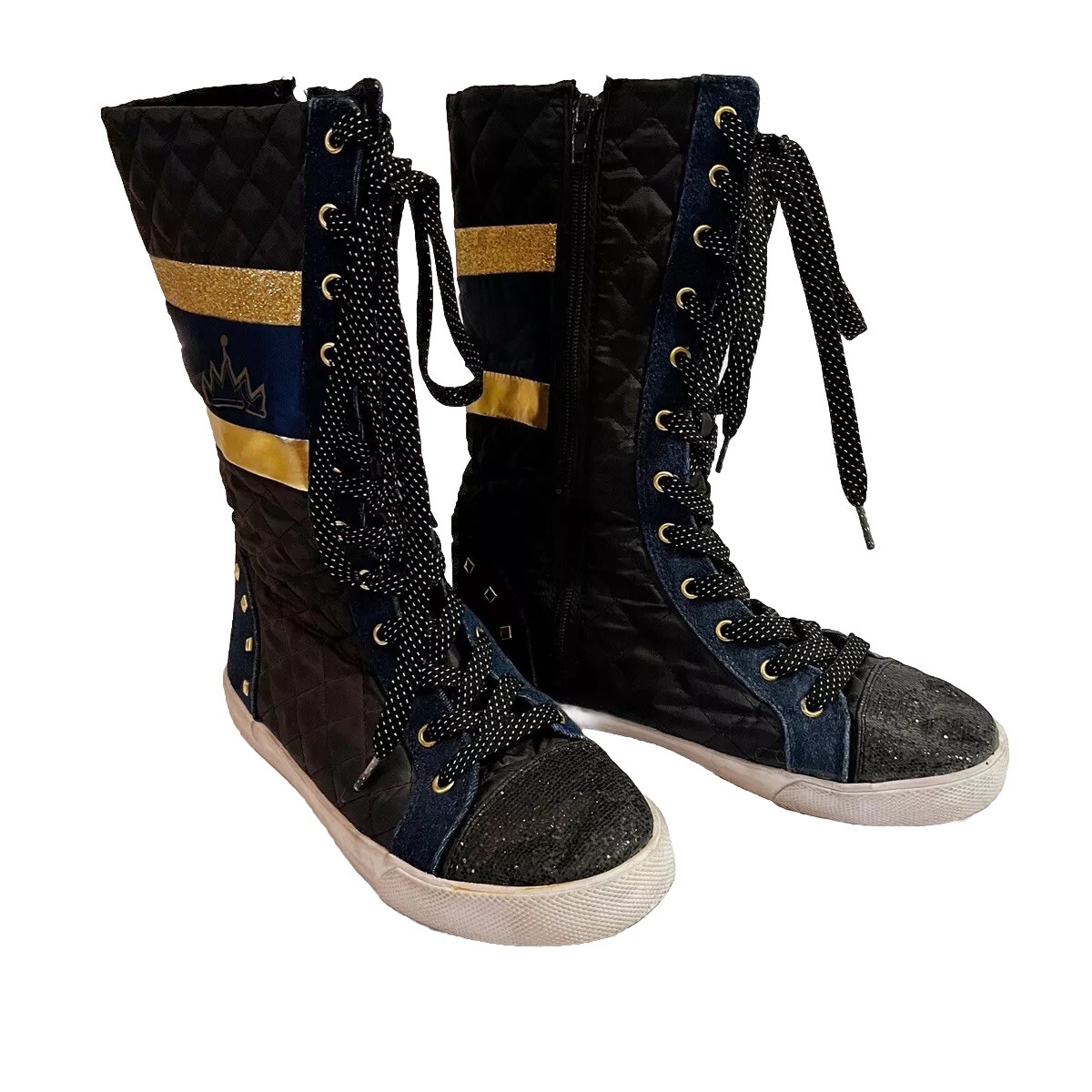 Disney D-Signed Girls Boots Blue Crown Sz 5 Black Sparkle Lace Tall Descendants