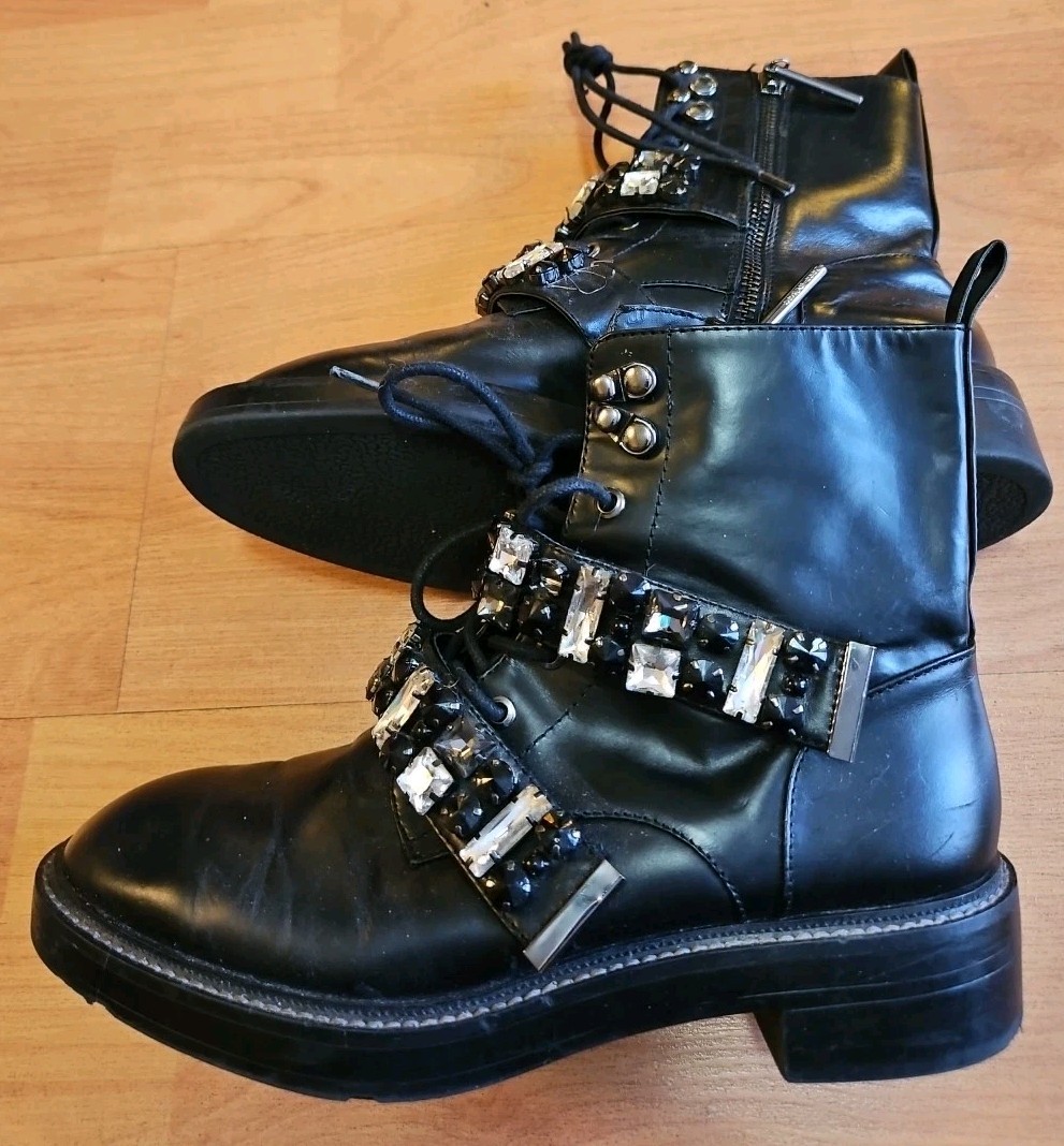 Zara Women Boots EU 37 US 6.5  Black Combat Rhinestone Zip