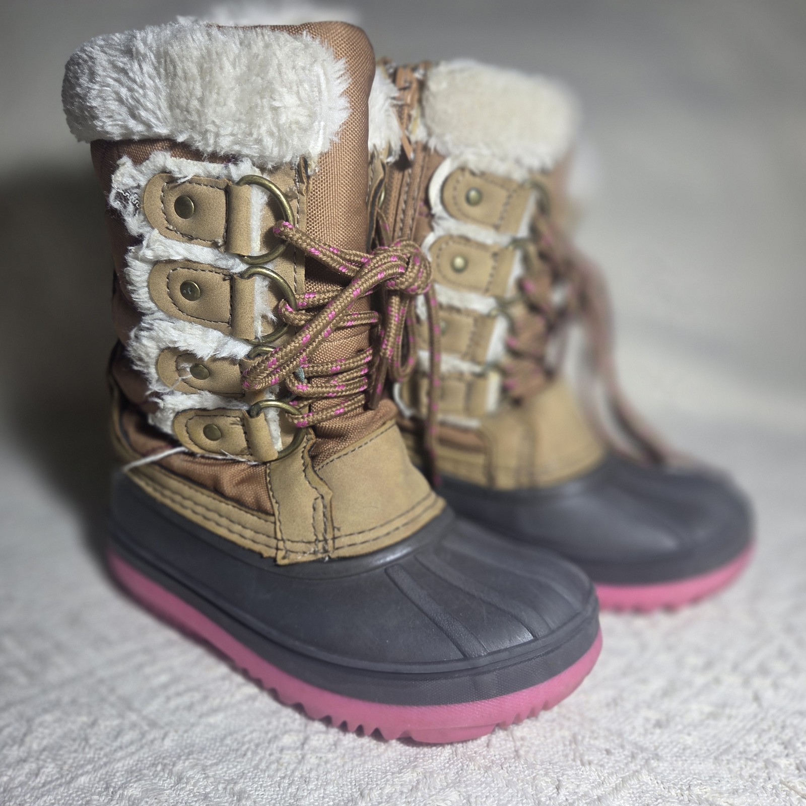 Khombu Girls Snow Boots Size 12M ADA Pink Tan Faux Fur Lined Waterproof Winter