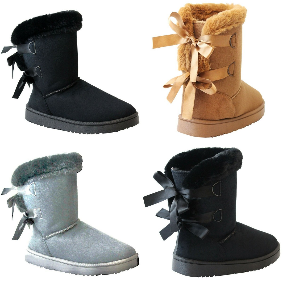 Girls Winter Boots Faux Fur Suede Warm Mid Calf Fashion Snug Snow Bow Ankle Boot