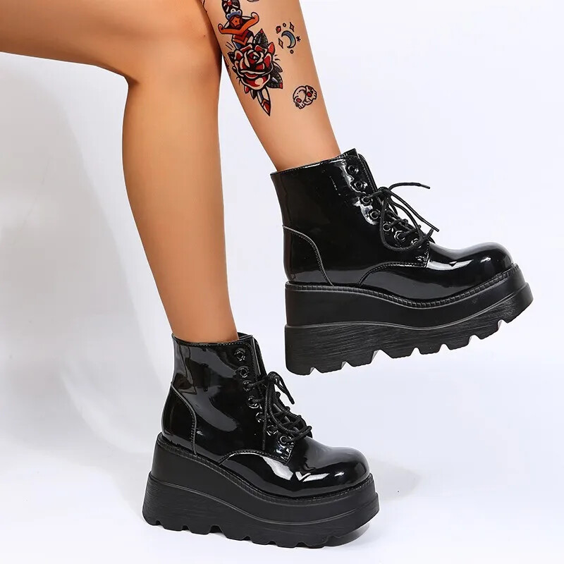Women Boots High Top Thick Sole Slope Heel Lace Up Ankle Boot Bright Black Light