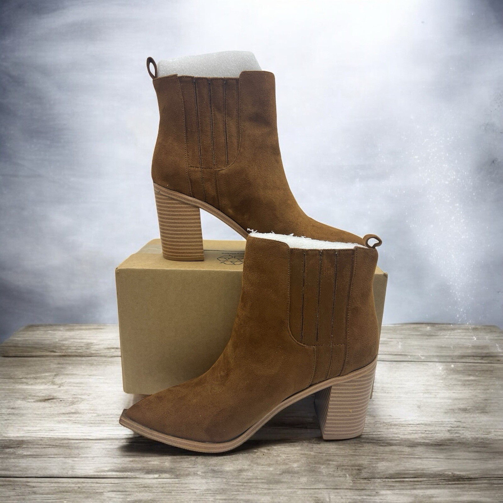 Imily Bela Women’s Ankle Boots Pointed Toe Chunky Stacked Heeled Faux Suede 9.5