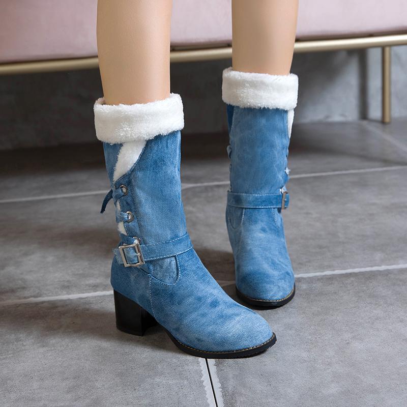 Ankle Boots Block Heel Casual Women’s Lace Up Buckle Fur Cuffed Mid Calf Shoes