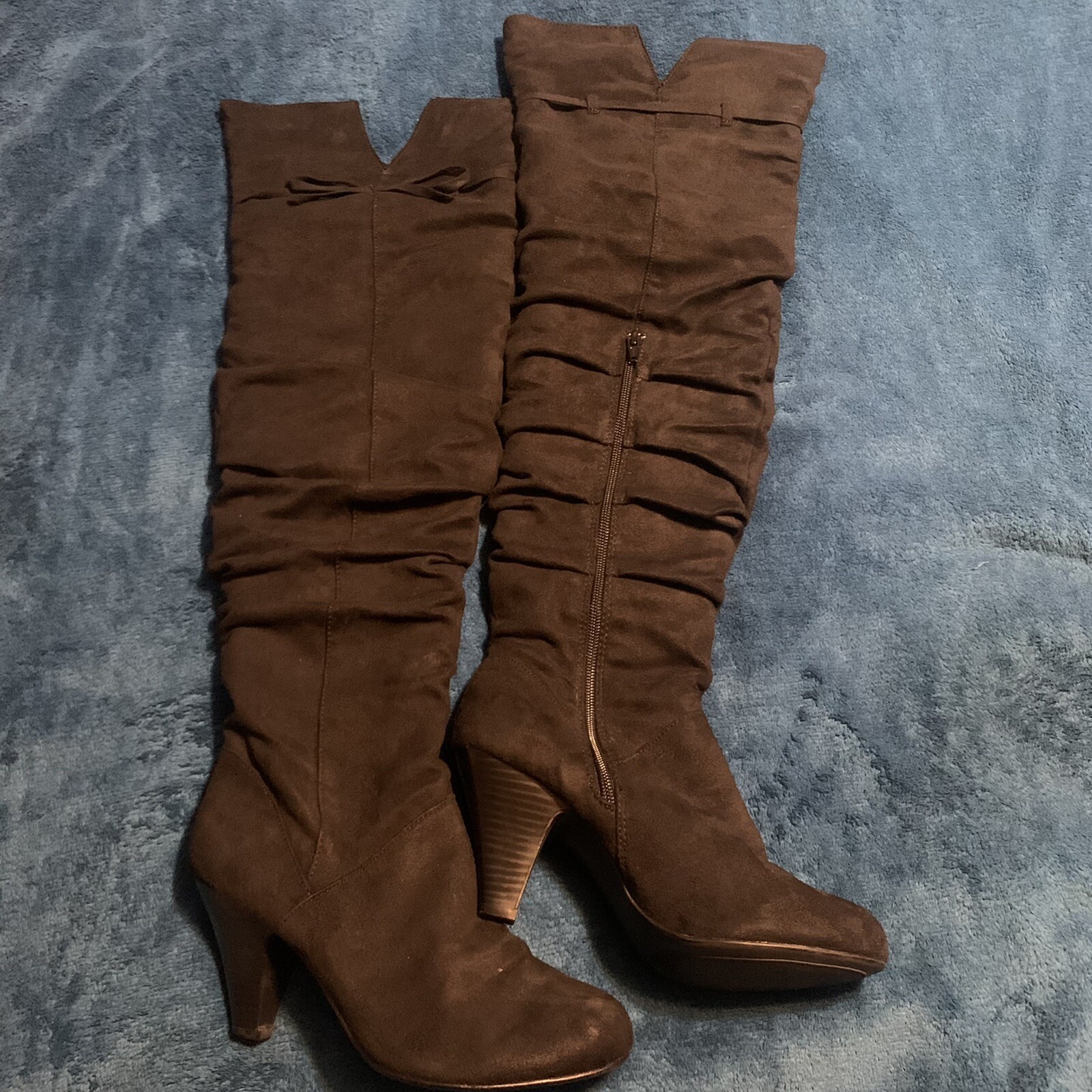 FIONI Knee High Suede Black Women Boots Size 8.5 Top Bow & Side Zipper Closure