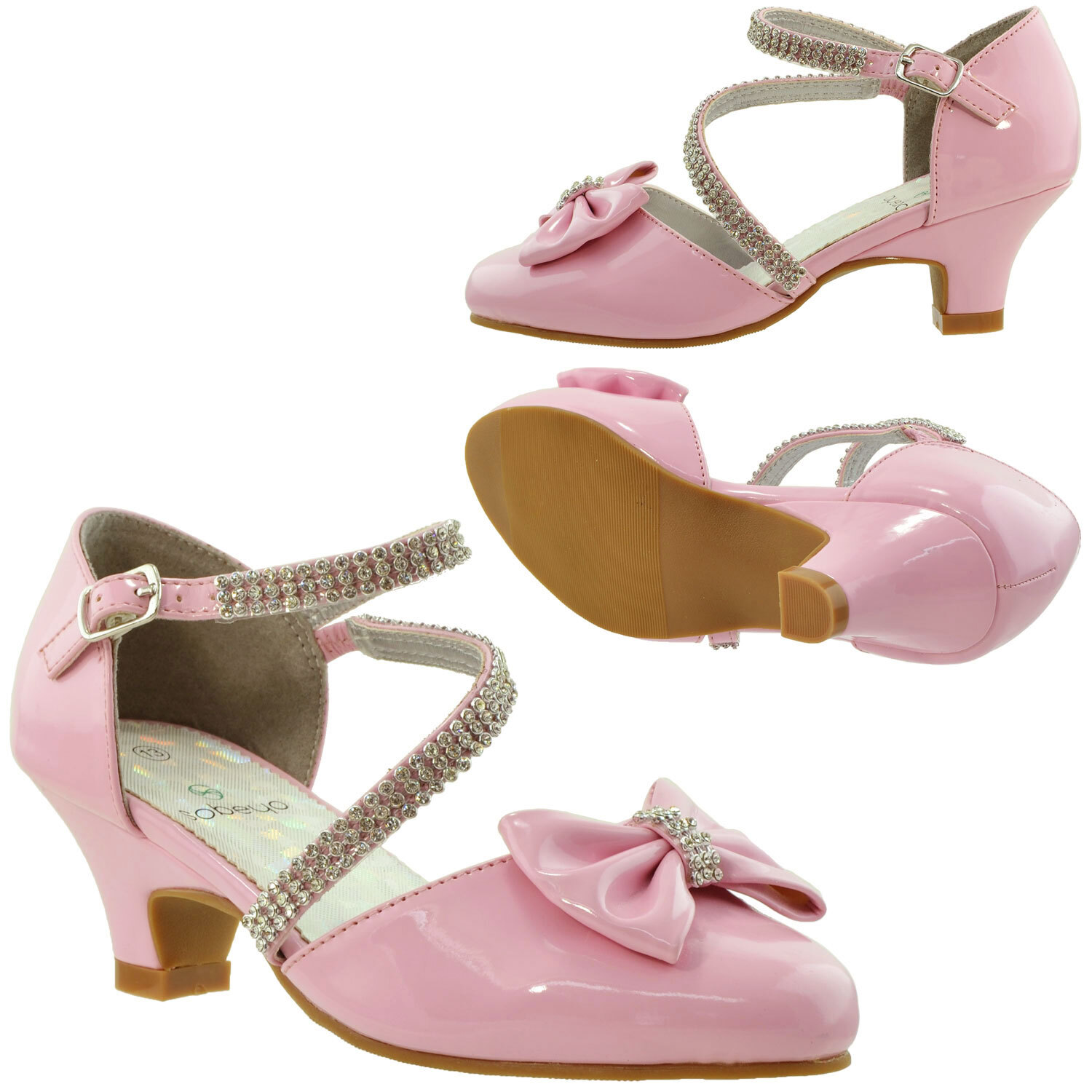 SOBEYO Kids Dress Shoes Rhinestone Bow Accent Kitten Heel Sandals Pink