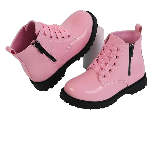 JABASIC Girls Ankle Boots Side Zipper Lace Up Combat Booties, Pink, US 2