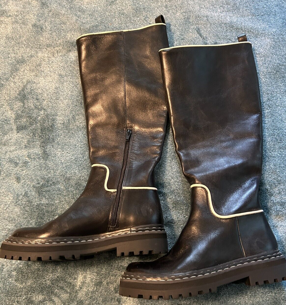 COURTNEY GROW-ANTONIO MELANI Black/Cream Leather Riding Knee Women Boots 7M NEW