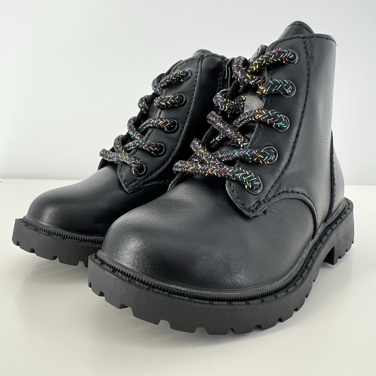 Girls Boots Size 5 Old Navy Faux-Leather Black  Side Zip Black Sparkle Laces