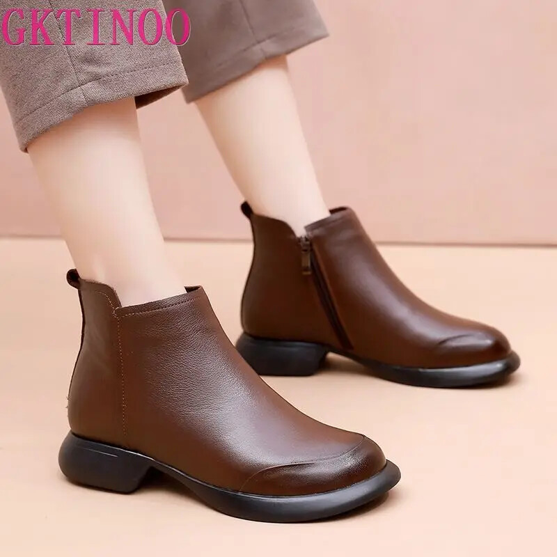 Autumn Winter Women Boots Leather Flat Heel Zipper Soft Soled Retro Short Boots
