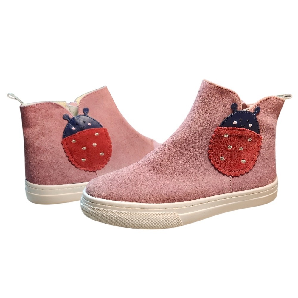 Mini Boden Girls Pink Suede Ladybug Sneaker Short Boots Zip Up 34 Preppy Cute