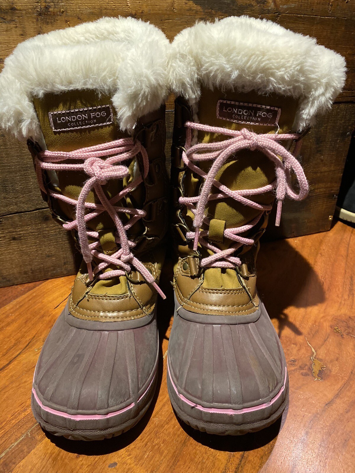 London Fog Girls Duck Boots Brown &pink Faux Fur Synthetic Upper Laces Size 1