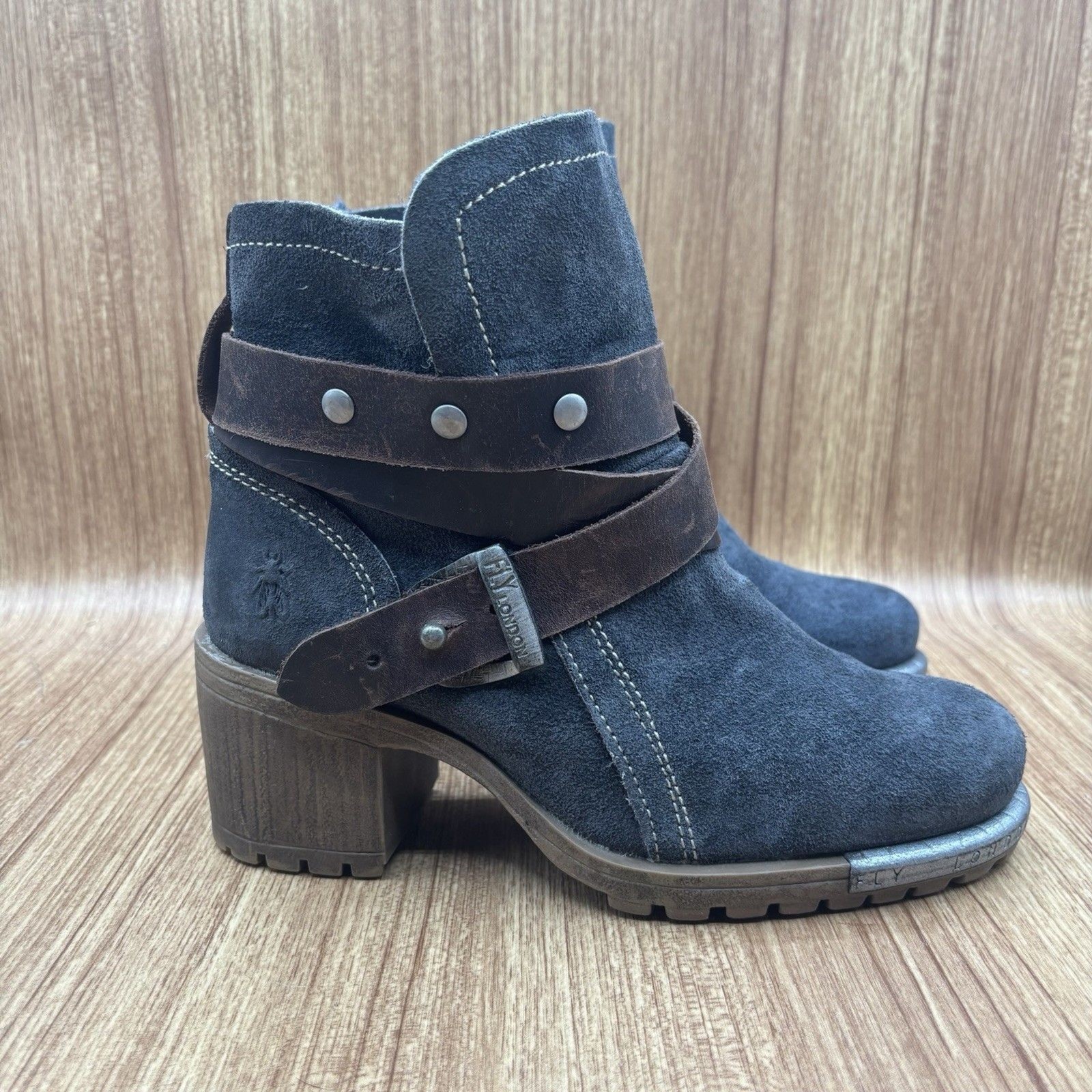 Fly London Lok Brown Leather Steel Tip Women Boots EU 37 US 6.5-7 Studded Buckle