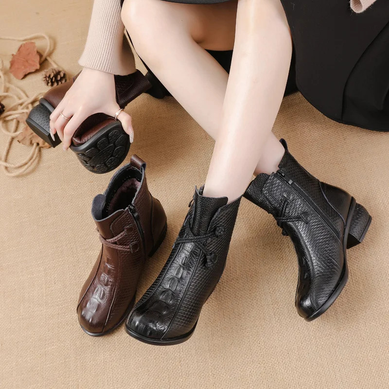 NEW Low Heel Boots Casual Fashion Leather Women Boots Warm Comfortable Footwear