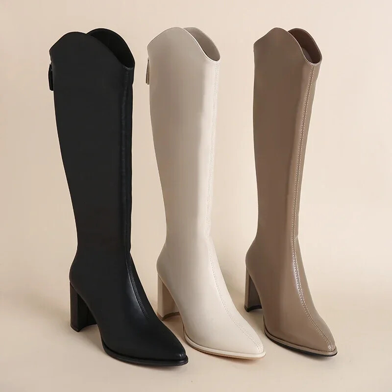 New Women Boots Zipper Thick High Heels Simple Thick High Heels Boots Knee High