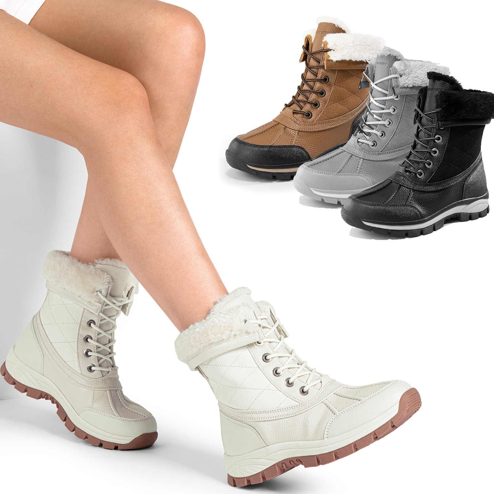 Women Winter Boots Warm Faux Fur Fuzzy Waterproof Mid Calf Snow Duck Boot