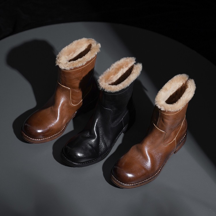 Women Boots Genuine Leather Fur Warm Boots New Round Toe Back Zipper Short Boots