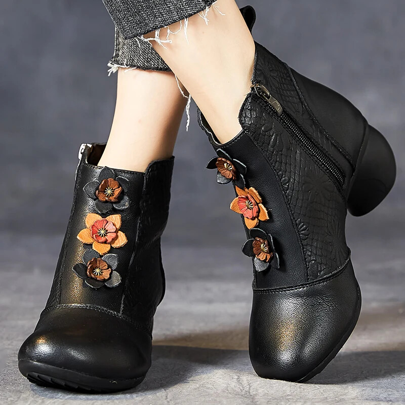 Women Boots Winter Leather Thick Heel Ankle Boots Soft Soled Casual Footwear