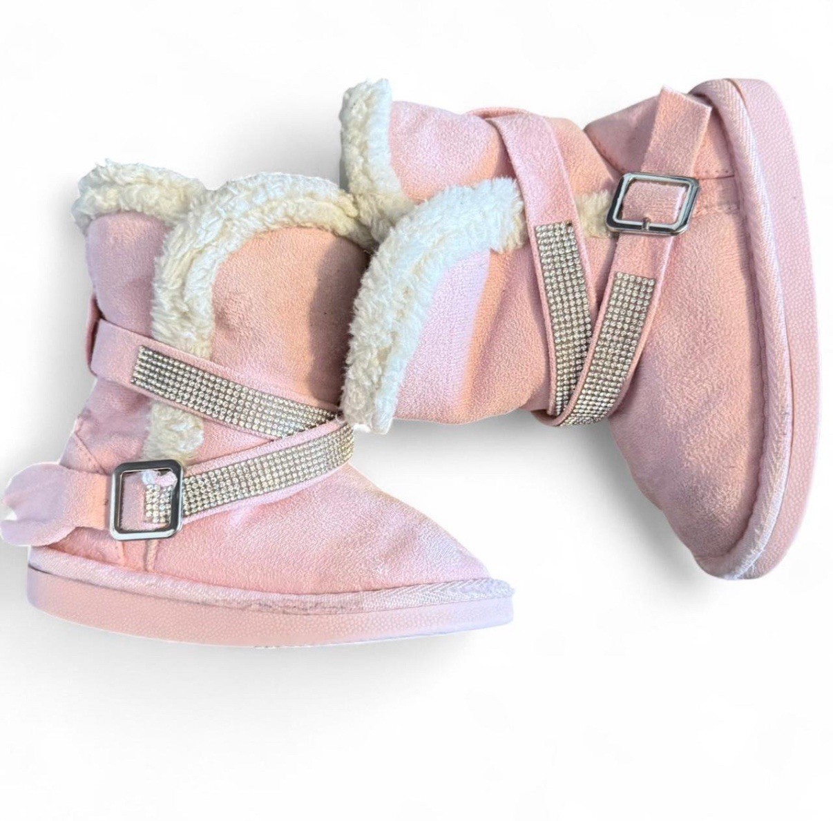 Girls Pink Winter Boots Faux Suede Rhinestone Trim Size 7c