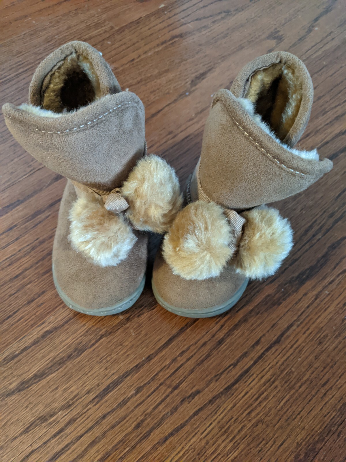 Brown Faux Suede Fur Booties Toddler Kids Girls Winter Boots Shoes Pom Poms 5