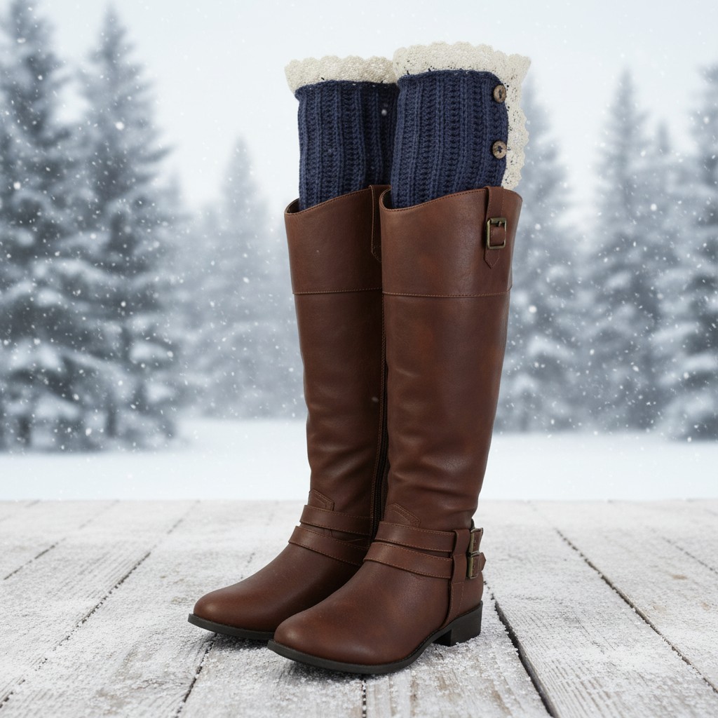 Women Boots Cover Topper Pair Blue Fabric Slip Ons Warmer Knit Crochet Winter