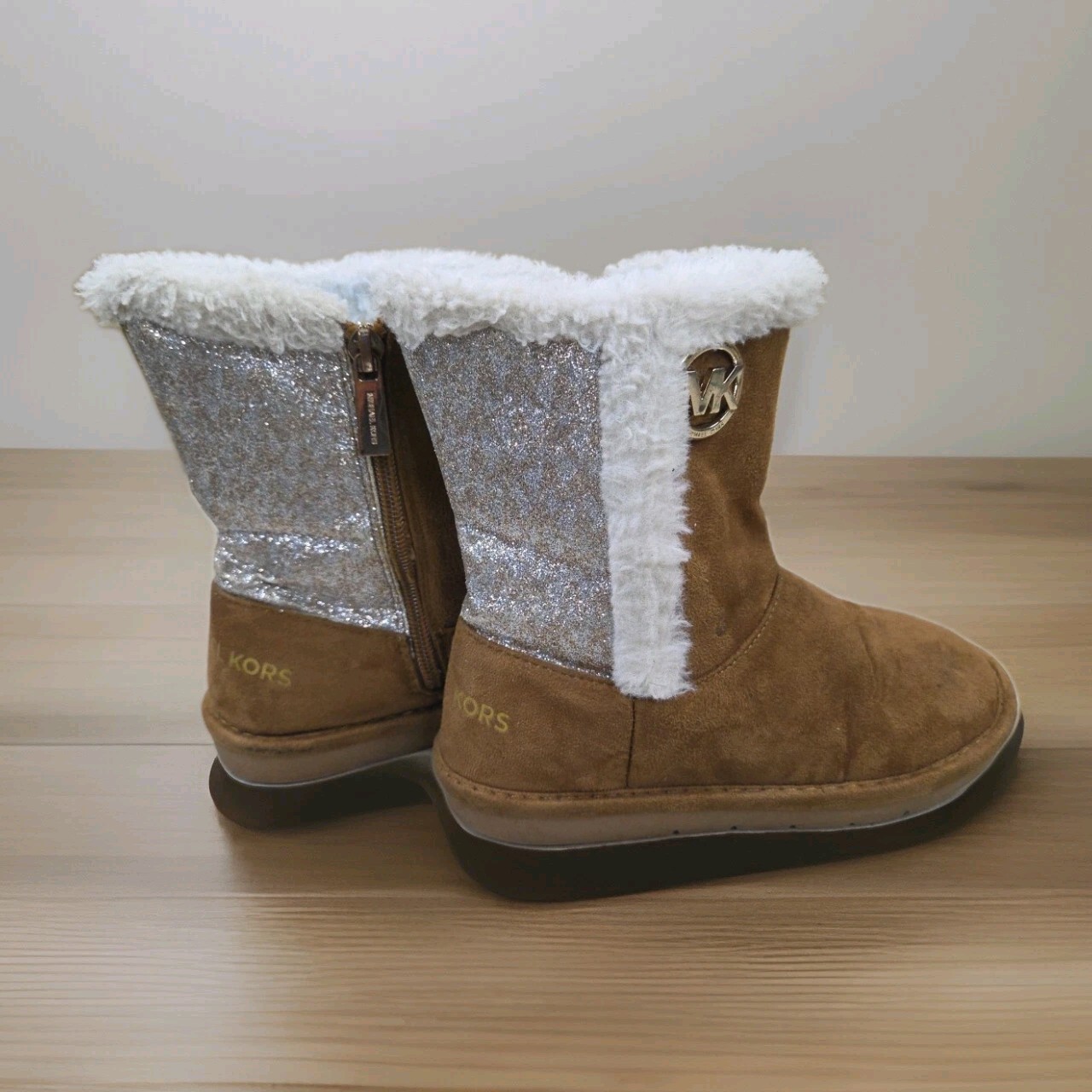 Michael Kors Girls Brown Suede Boots Fur Accents Zip Side Size-13