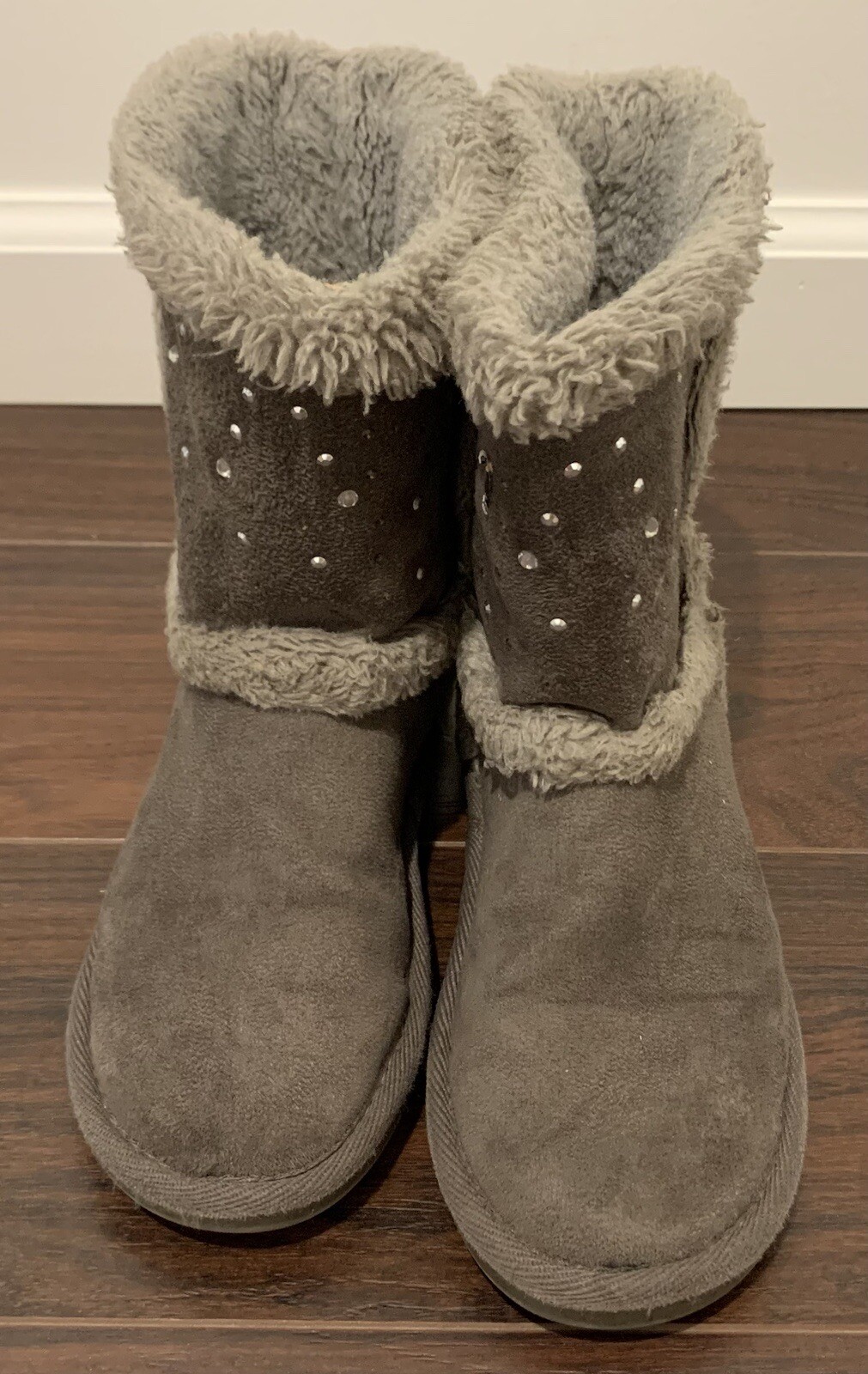 Justice Girls Winter Boots Faux Suede Fur Embellished Rhinestones Bows on Back 2