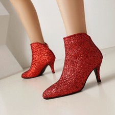 Women Kitten Heel Ankle Boots Pointy Toe Sequins Leather Back Zipper Boots Pumps