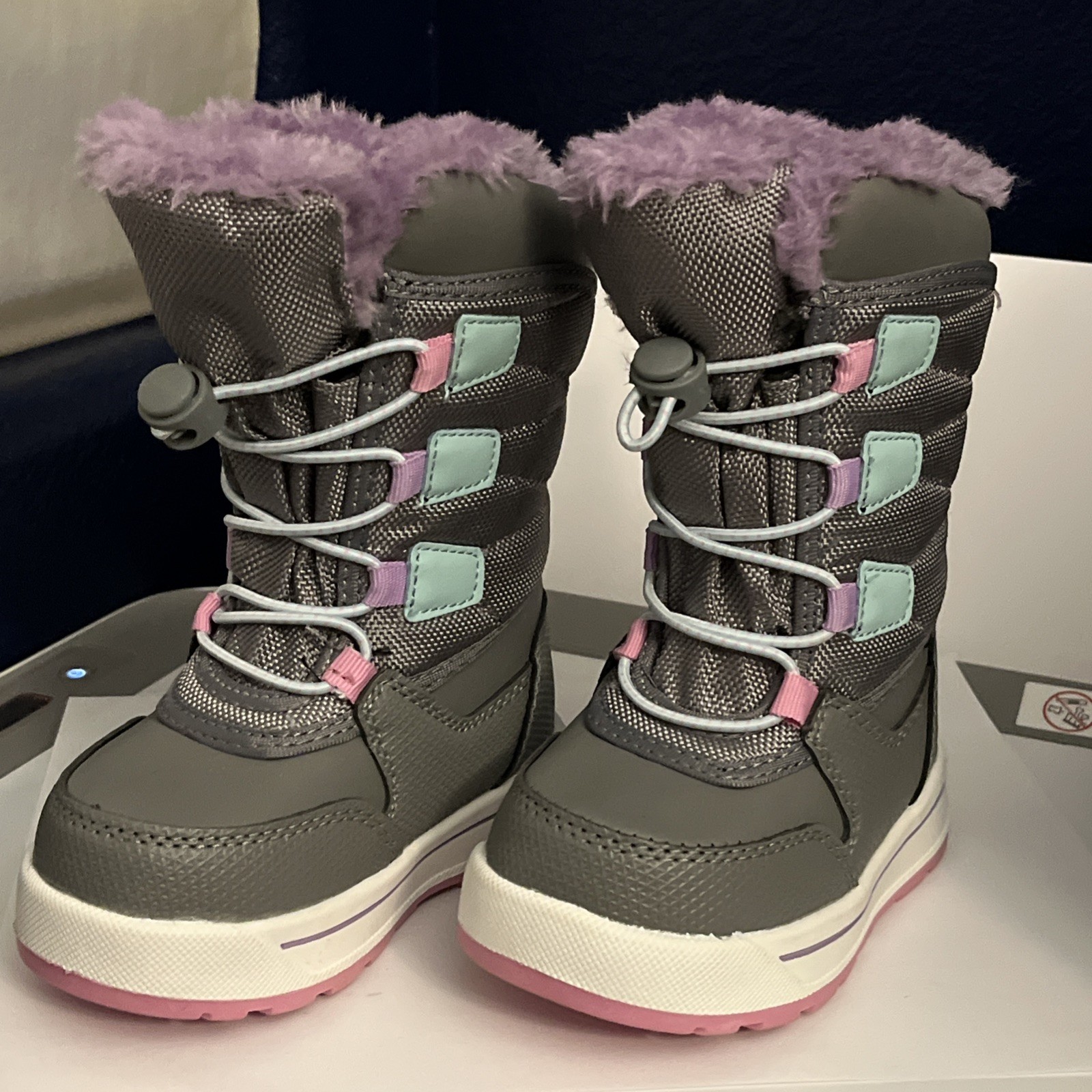 GIRLS BOOTS NEW SNOW GREY PURPLE PINK TODDLER CHILD WINTER SIZE 6 WATERPROOF 🎆