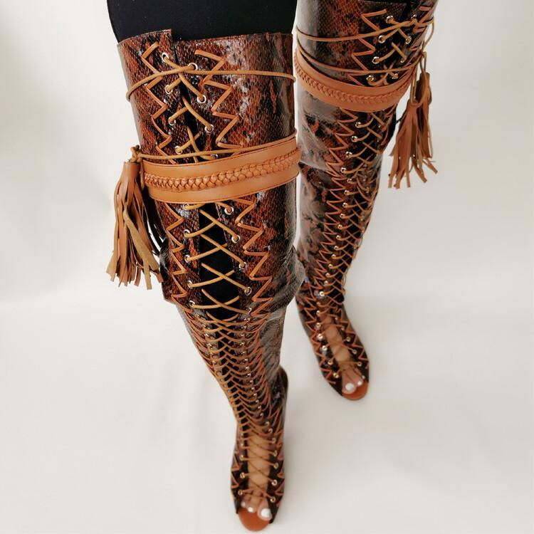 Womens Peep Toe Roma Lace Up Over Knee High Boots Clubwear Serpentine Shoes 2024