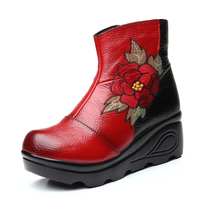 New Ankle Women Boots Winter Embroidery Shoes Outdoor Flat Heels Platform Boot